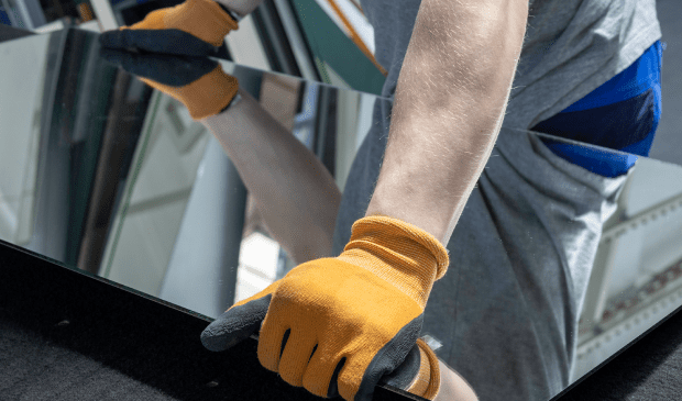 Person in gloves lifting reflective panel