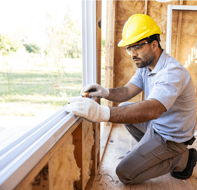Man in hard hat working on window