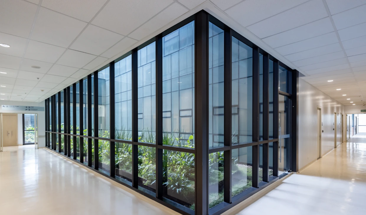 Bright corridor with indoor garden view